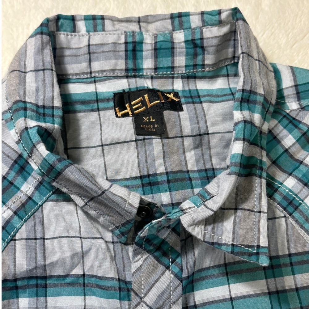 Helix Mens XL Teal Grey Plaid Western Pearl Snap Roll Tab Long Sleeve Shirt - Picture 2 of 9